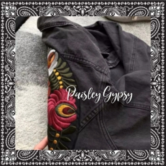 Black Denim Floral Embroidered Oversized Jacket - Picture 9 of 15